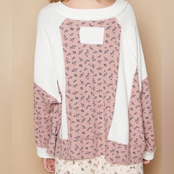 POL Waffle Knit Floral Notched Long Sleeve top - Picture 4 of 7